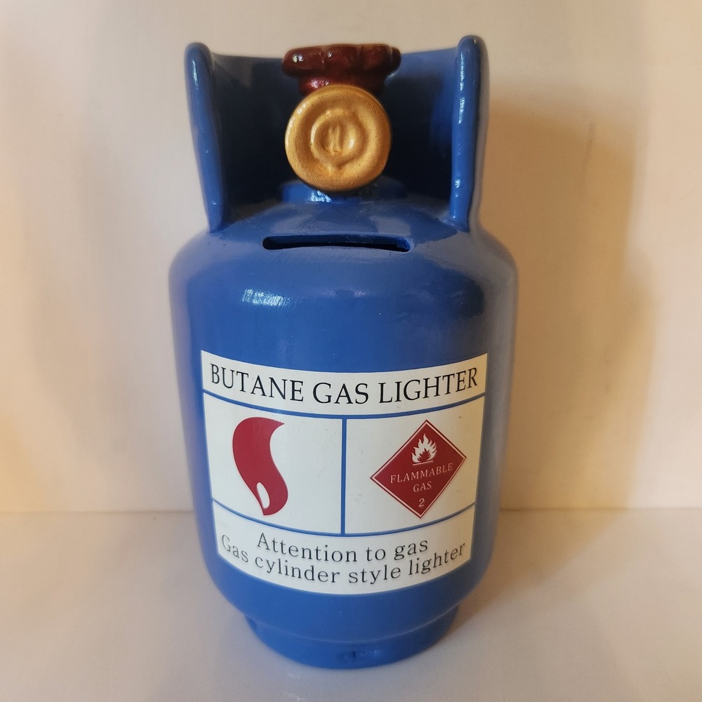 Vintage Style Ceramic Butane Gas Cylinder Piggy Bank Blue Novelty Coin Bank 7in